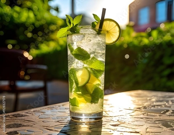 Fototapeta A refreshing mojito in a tall glass with mint leaves, lime slices, and ice cubes, served outdoors on a sunny patio.