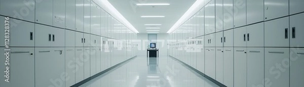 Fototapeta recording financial data for tax submission, rows of filing cabinets, labeled binders, a digital scanner in use, clean aesthetic