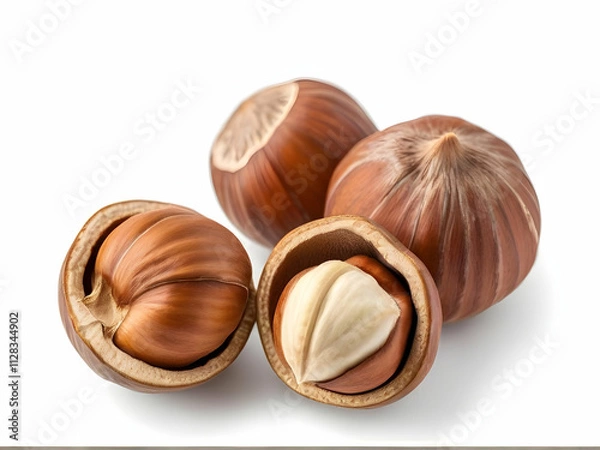 Fototapeta Close-up of a heap of healthy, brown hazelnuts isolated on a white background