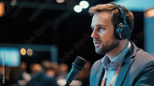 Fototapeta A blockchain technology reporter from Germany reporting on decentralized finance at a global blockchain summit