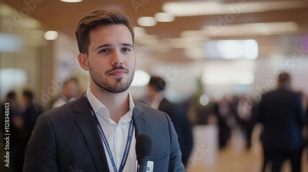 Fototapeta A blockchain technology reporter from Germany reporting on decentralized finance at a global blockchain summit