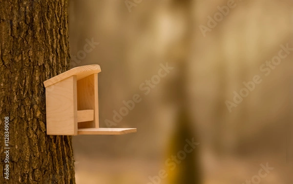 Fototapeta bird and squirrel feeder, tree house hanging on a brown tree in the park