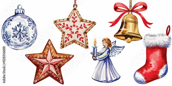 Fototapeta Festive Watercolor Christmas Decorations Ornaments Stars Angel Bell Stocking