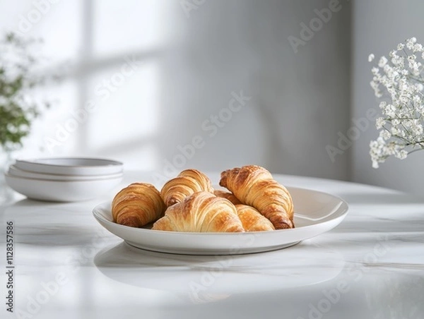 Fototapeta A plate of freshly baked croissants on a marble table, surrounded by delicate flowers.