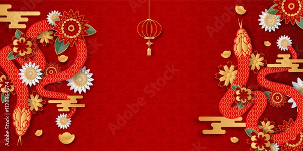 Fototapeta Happy Chinese New Year 2025. Snake zodiac with abstract flowers, year of the snake. Vector illustrator EPS10