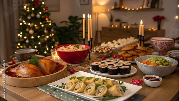 Obraz A festive Christmas table setting with a gourmet cake, adorned with candles and decorations, is perfect for a delicious holiday dinner with family and friends