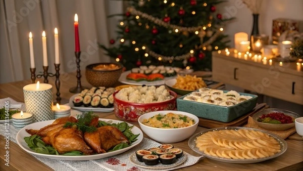 Obraz A festive new year table setting with a delicious gourmet meal, featuring a Christmas cake adorned with candles, perfect for a celebratory dinner or banquet