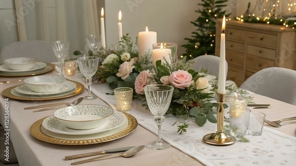 Obraz Elegant wedding table setting with white plates, sparkling glassware, and festive floral decorations, perfect for a romantic dinner reception