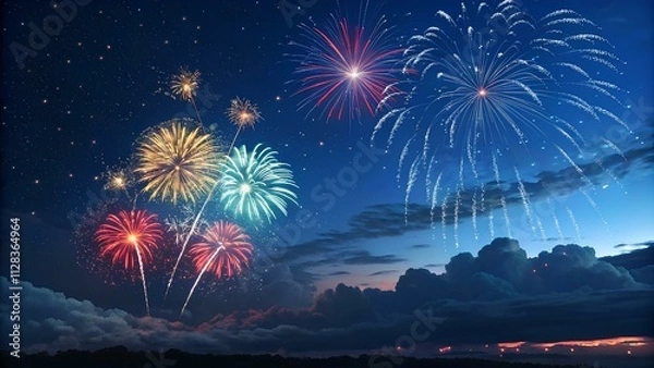 Obraz A vibrant display of colorful pyrotechnics explodes over the river, illuminating the night sky with a festive glow, celebrating the new year