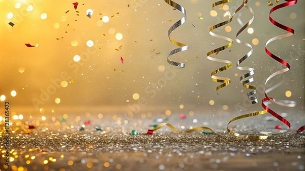 Obraz Christmas party celebration with champagne, snowflakes, and sparkling lights in a winter setting, featuring a decorated tree, bright blue background, and glowing bokeh effects