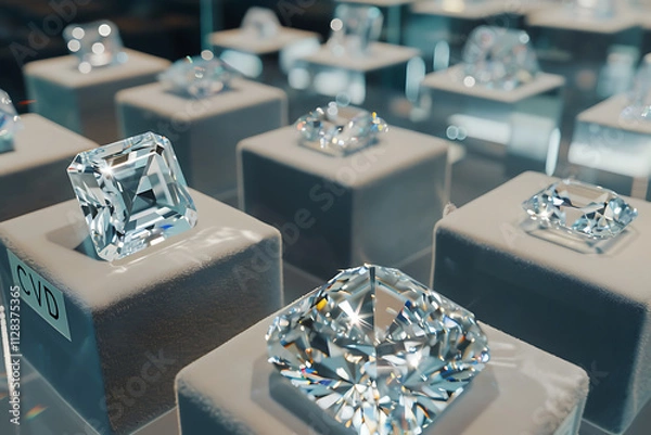 Obraz luxurious jewelry display showcases sparkling lab grown CVD diamonds, elegantly arranged on soft velvet stands, highlighting their brilliance and precision cuts