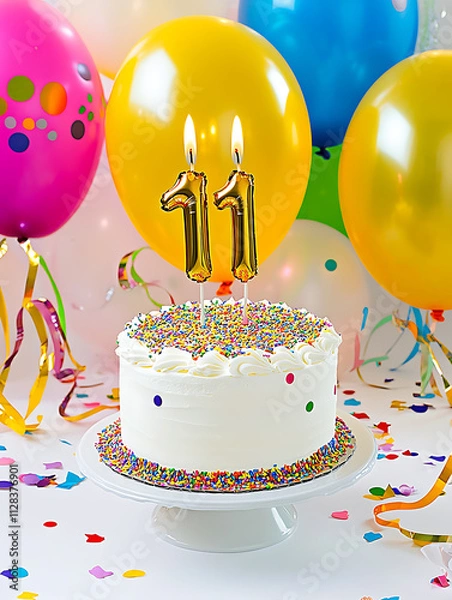 Obraz colorful birthday party table with white cake topped with number 11 candles, surrounded by vibrant balloons and confetti