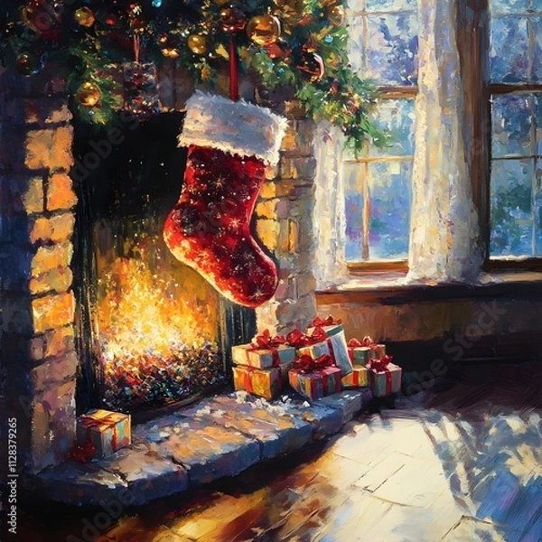 Obraz Crackling Fire Illuminates Christmas Stocking