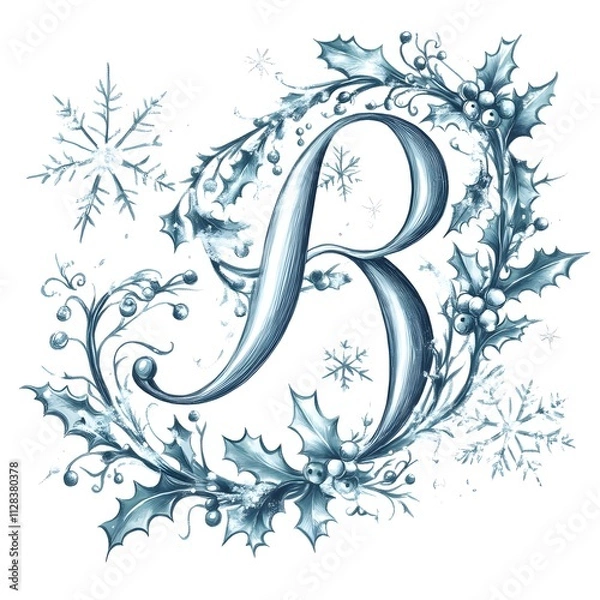 Obraz Whimsical Script Font Initials, Snowflakes, Holly Berries