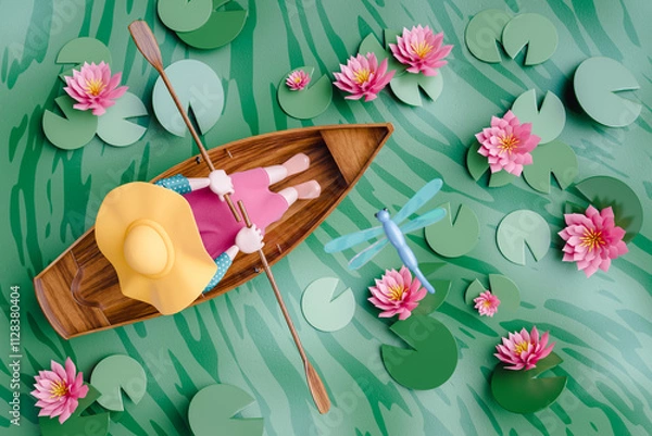 Fototapeta Artistic 3D rendering of a person rowing among lilies and dragonflies