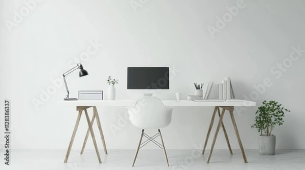 Fototapeta Panoramic banner mockup featuring a minimalist white desk setup with computer indoor plant and desk lamp in a bright office environment for creative design inspiration