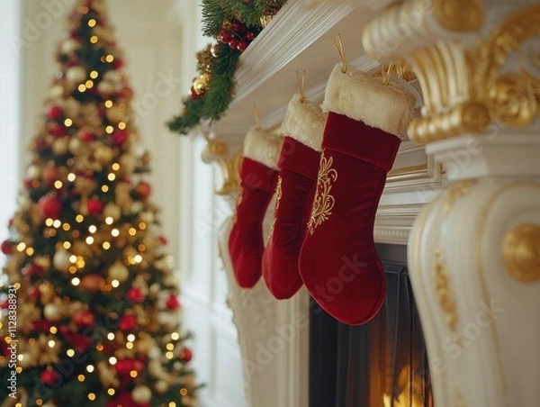 Fototapeta Christmas Spirit Red Stockings Adorning a Fireplace Cozy Living Room Festive Decor Warm Atmosphere Holiday Cheer