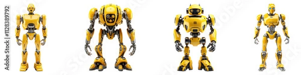 Fototapeta Standing yellow robot isolated on transparent background, Set of