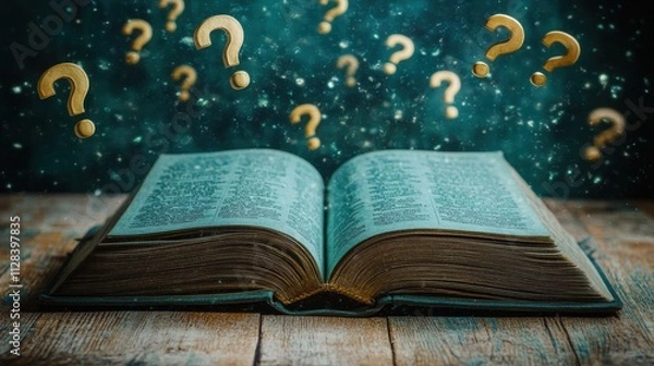 Fototapeta an open book with yellow question marks hovering over i