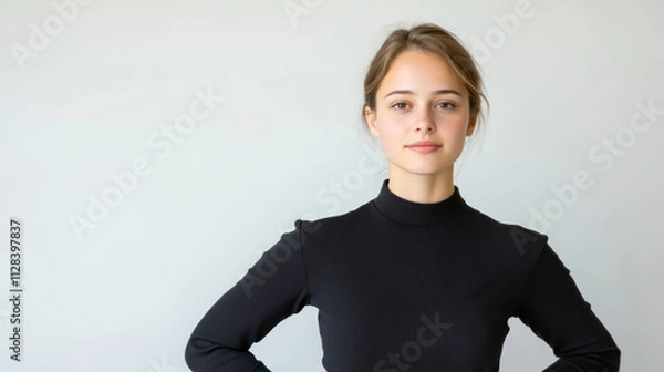 Obraz Confident young professional demonstrating leadership in a minimalist office setting, showcasing assertiveness and empowerment in a clean environment
