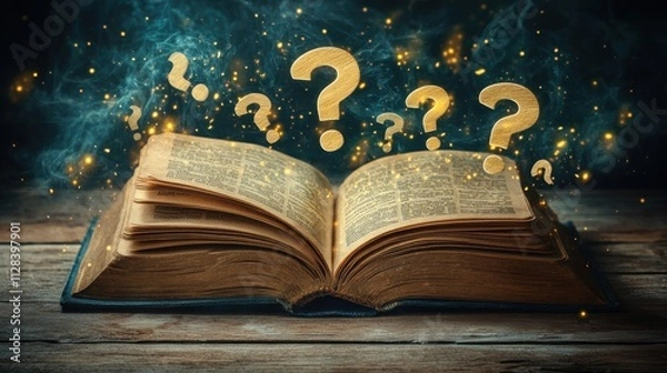 Obraz an open book with yellow question marks hovering over i