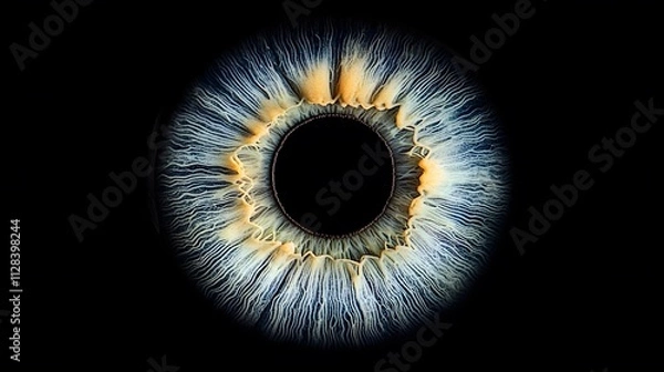 Fototapeta A close-up of an eye with a blue iris, the background is black and has a dark fantasy