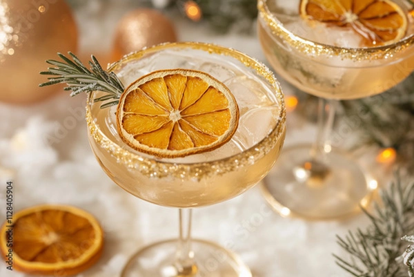 Obraz A gold-rimmed coupe glass holds a citrus cocktail on ice, garnished with dried orange slices and rosemary, exuding elegance and refreshing holiday vibes.