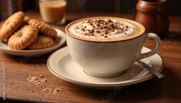 Fototapeta Creamy coffee with whipped cream and chocolate shavings served with cookies on wooden table