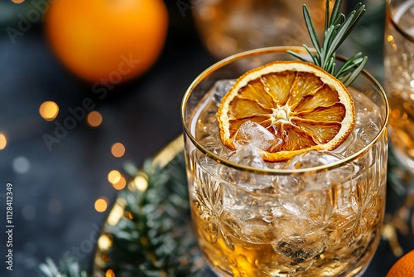 Obraz A gold-rimmed coupe glass holds a citrus cocktail on ice, garnished with dried orange slices and rosemary, exuding elegance and refreshing holiday vibes.
