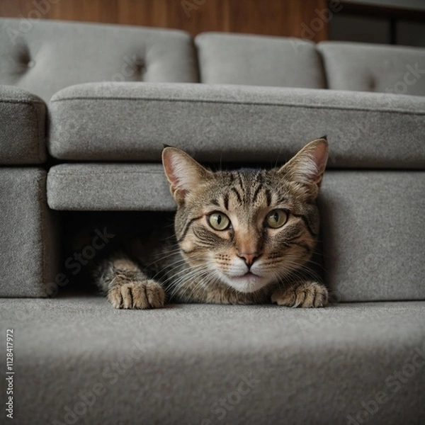 Fototapeta A mischievous cat peeking out from under a modern couch.