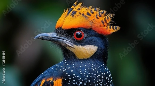 Fototapeta Close-up of a vibrant, exotic bird with a striking orange and black crest, sharp beak, and intense red eyes.
