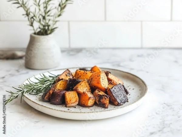 Fototapeta A plate of roasted squash with herbs, showcasing a healthy and appetizing dish.