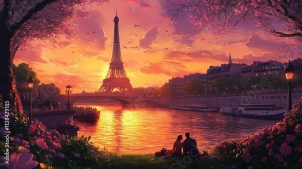 Fototapeta Enjoy a romantic Paris sunset by the Eiffel Tower, with love, colors, and creativity all around.