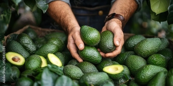 Obraz Worker picking fresh avocados in an orchard, a close-up of a natural harvest scene.