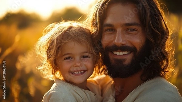 Obraz digital composite image of jesus christ with a kid in his arms smiling digital illustration