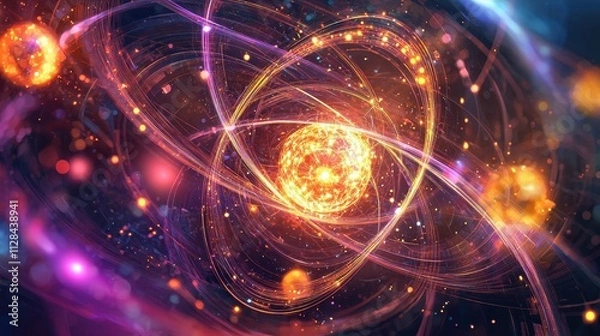 Obraz Abstract Representation of Atomic Structure with Glowing Particles and Energy Waves, Illustrating Concepts of Science and Physics in a Colorful Universe Setting