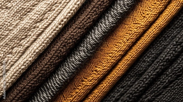 Fototapeta Knitted fabric swatches in assorted patterns, neatly organized to highlight their fine details, soft textures, and quality craftsmanship.