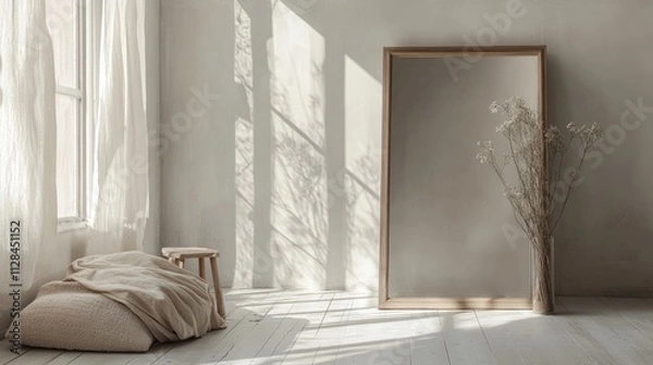 Fototapeta A serene, minimalist interior with a mirror, soft textiles, and natural light.