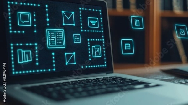 Fototapeta A laptop displaying digital icons representing data, communication, and analytics, set against a backdrop of books in a library.