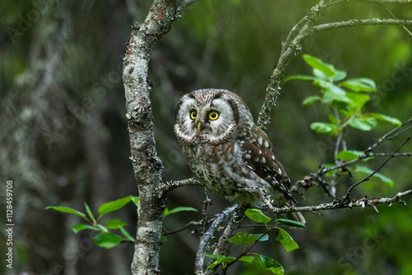 Obraz A small Boreal owl perched on a Birch and looking forward during a summer day in Riisitunturi National Park, Northern Finland