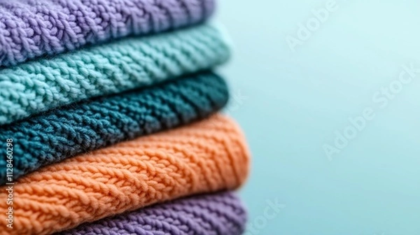 Fototapeta A group of raw knitted fabrics carefully stacked, emphasizing their natural fibers, soft textures, and suitability for handmade textile projects.