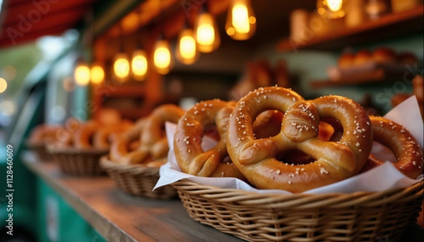 Fototapeta wallpapers A warm display of freshly baked soft pretzels in a food truck setting. The rustic ambiance enhances the appeal of these tasty treats. AI generated