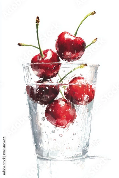 Fototapeta Vibrant Cherries in a Refreshing Glass of Water Capturing the Essence of Summer's Juicy and Healthy Quench
