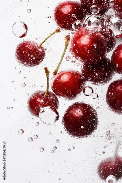 Fototapeta Vibrant Red Cherries Immersed in Bubbles: A Refreshing and Juicy Visual Delight Celebrating Nature's Sweet and Healthy Summer Harvest