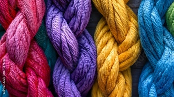 Fototapeta Close-up of colorful ropes and lines interlaced together, symbolizing unity in diversity