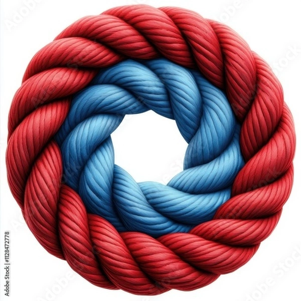 Fototapeta Red and blue intertwined rope forming a circular knot, symbolizing unity and strength, AI