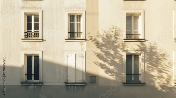 Obraz Parisian modern building, minimalist facade, facing a wall with windows and doors, warm sunlight, tranquil urban scene, no people around.