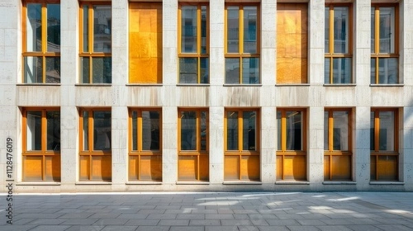 Obraz Parisian modern minimalist architecture, full wall with windows and doors, bathed in warm sunlight, serene urban scene, no people visible.