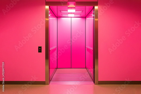 Fototapeta A pink elevator with a red exit sign. The pink walls and pink doors give the impression of a fun, playful environment