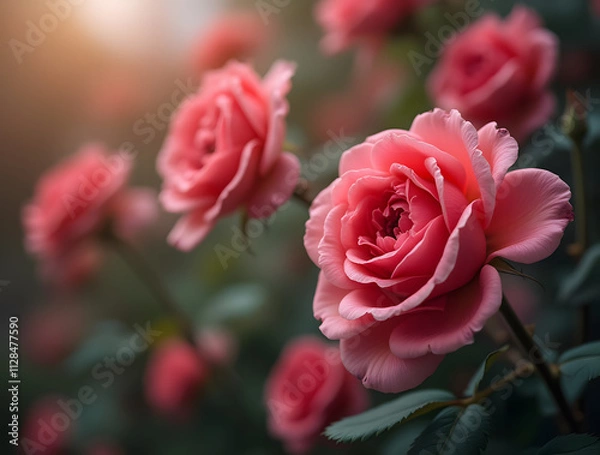 Fototapeta A stunning rose bush with a soft, blurred background. Enigmatic and magical flower. A luxurious and romantic backdrop. A sophisticated symbol of love and passion, perfect for Women's Day, Valentine's 